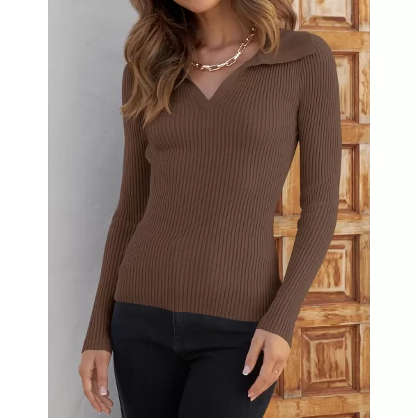 imageZESICA Womens 2023 Fall V Neck Shirts Long Sleeve Ribbed Knit Sweater Lapel Slim Fitted Casual Basic Tee TopsMocha