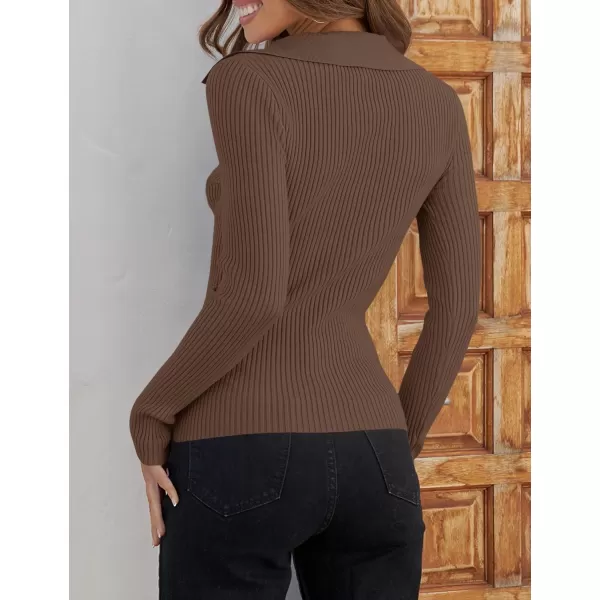 imageZESICA Womens 2023 Fall V Neck Shirts Long Sleeve Ribbed Knit Sweater Lapel Slim Fitted Casual Basic Tee TopsMocha