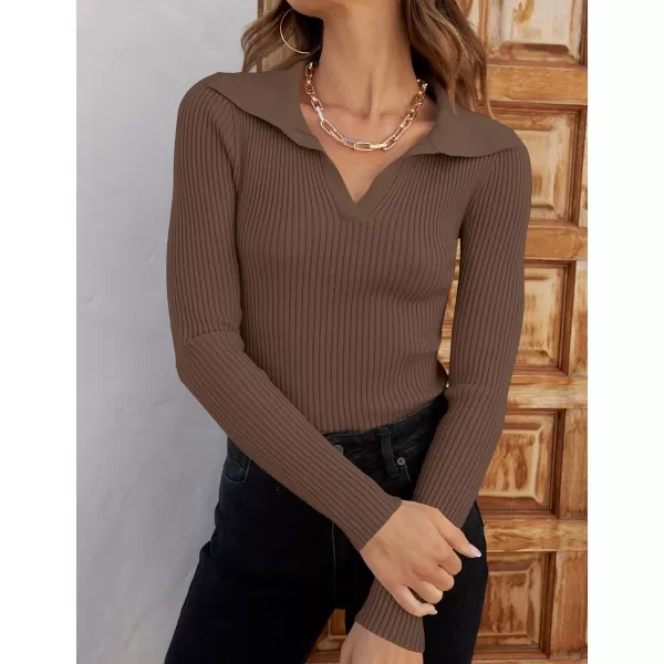 imageZESICA Womens 2023 Fall V Neck Shirts Long Sleeve Ribbed Knit Sweater Lapel Slim Fitted Casual Basic Tee TopsMocha