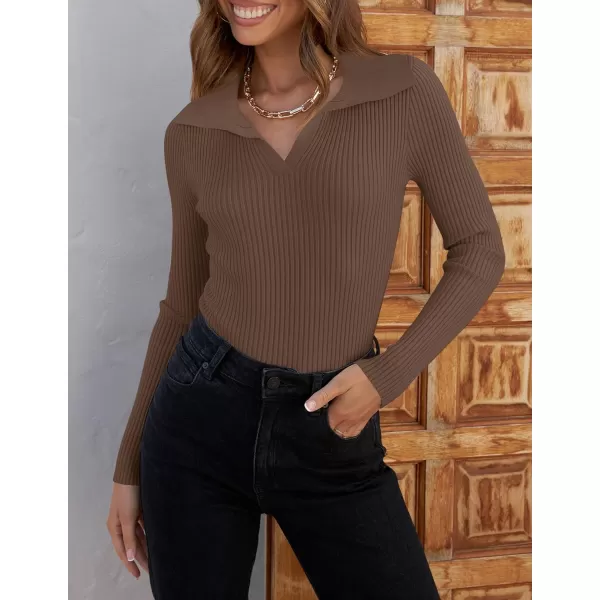 imageZESICA Womens 2023 Fall V Neck Shirts Long Sleeve Ribbed Knit Sweater Lapel Slim Fitted Casual Basic Tee TopsMocha