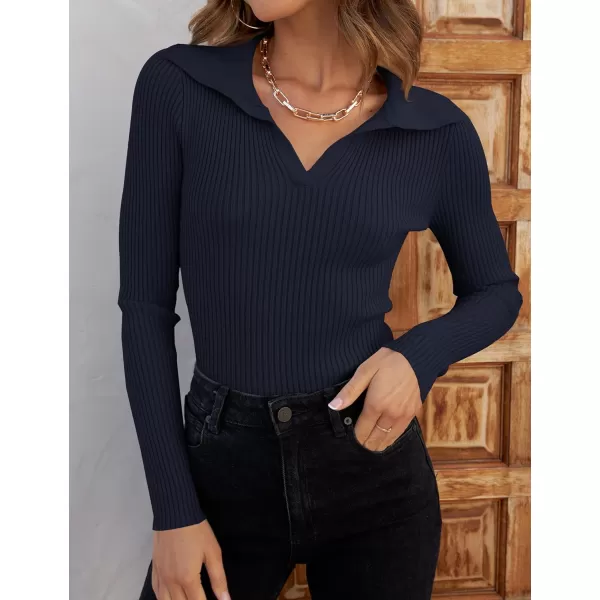 imageZESICA Womens 2023 Fall V Neck Shirts Long Sleeve Ribbed Knit Sweater Lapel Slim Fitted Casual Basic Tee TopsNavy