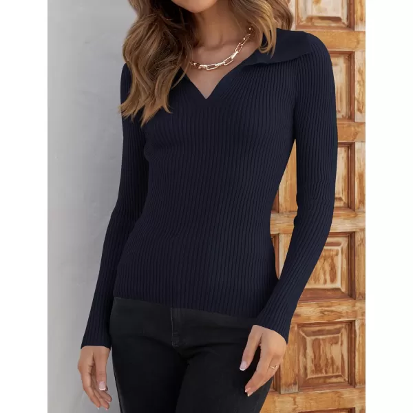 imageZESICA Womens 2023 Fall V Neck Shirts Long Sleeve Ribbed Knit Sweater Lapel Slim Fitted Casual Basic Tee TopsNavy