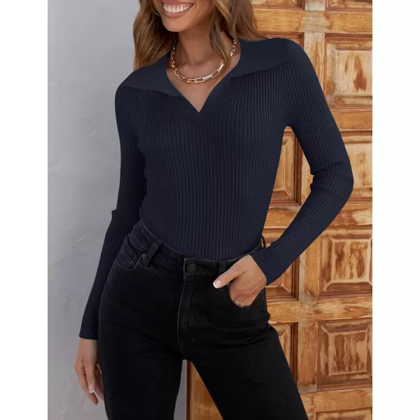 imageZESICA Womens 2023 Fall V Neck Shirts Long Sleeve Ribbed Knit Sweater Lapel Slim Fitted Casual Basic Tee TopsNavy