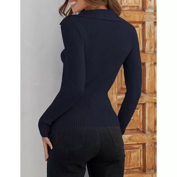 imageZESICA Womens 2023 Fall V Neck Shirts Long Sleeve Ribbed Knit Sweater Lapel Slim Fitted Casual Basic Tee TopsNavy