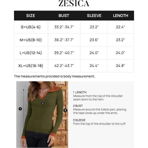 imageZESICA Womens 2023 Fall V Neck Shirts Long Sleeve Ribbed Knit Sweater Lapel Slim Fitted Casual Basic Tee TopsOlive