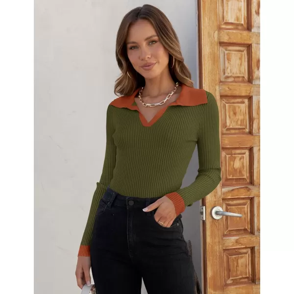imageZESICA Womens 2023 Fall V Neck Shirts Long Sleeve Ribbed Knit Sweater Lapel Slim Fitted Casual Basic Tee TopsOlive