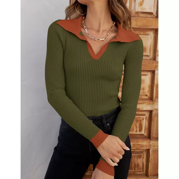 imageZESICA Womens 2023 Fall V Neck Shirts Long Sleeve Ribbed Knit Sweater Lapel Slim Fitted Casual Basic Tee TopsOlive