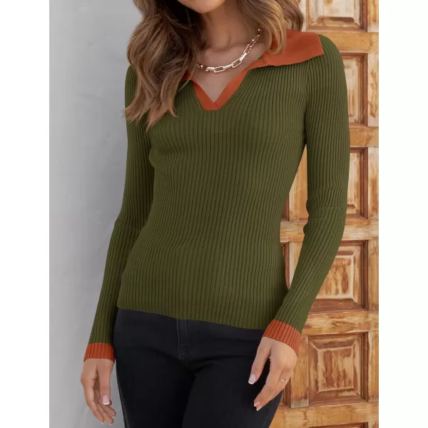 imageZESICA Womens 2023 Fall V Neck Shirts Long Sleeve Ribbed Knit Sweater Lapel Slim Fitted Casual Basic Tee TopsOlive