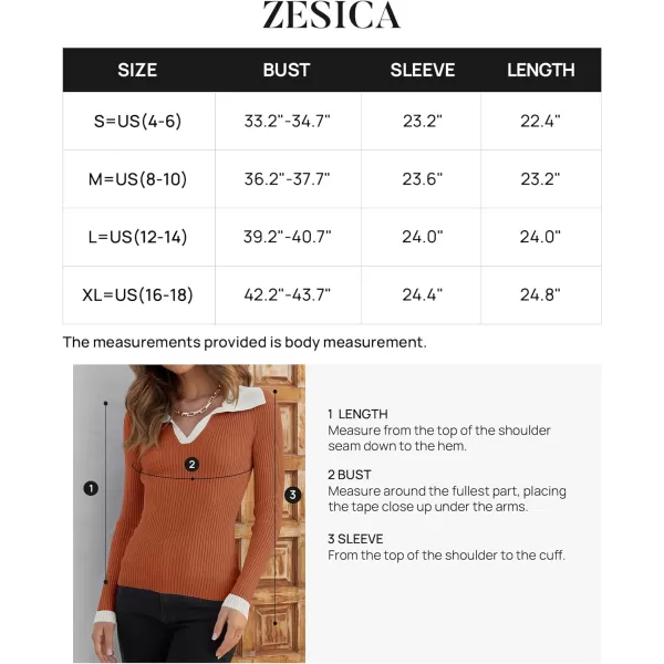 imageZESICA Womens 2023 Fall V Neck Shirts Long Sleeve Ribbed Knit Sweater Lapel Slim Fitted Casual Basic Tee TopsOrange