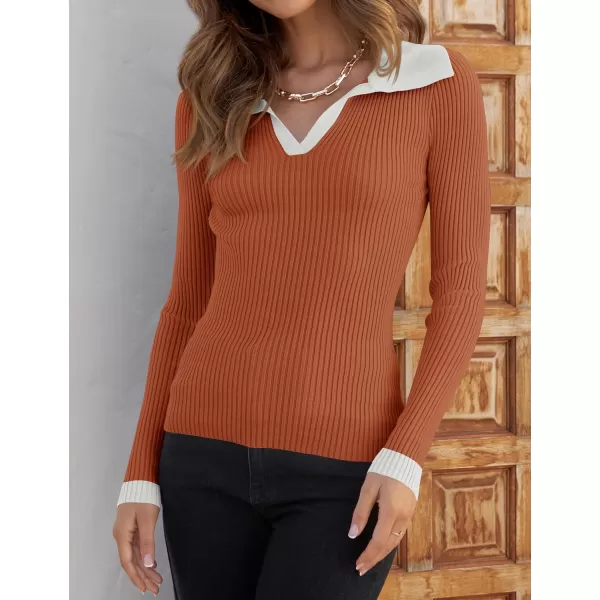 imageZESICA Womens 2023 Fall V Neck Shirts Long Sleeve Ribbed Knit Sweater Lapel Slim Fitted Casual Basic Tee TopsOrange