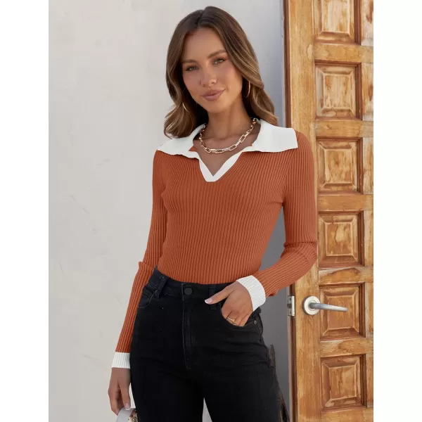 imageZESICA Womens 2023 Fall V Neck Shirts Long Sleeve Ribbed Knit Sweater Lapel Slim Fitted Casual Basic Tee TopsOrange