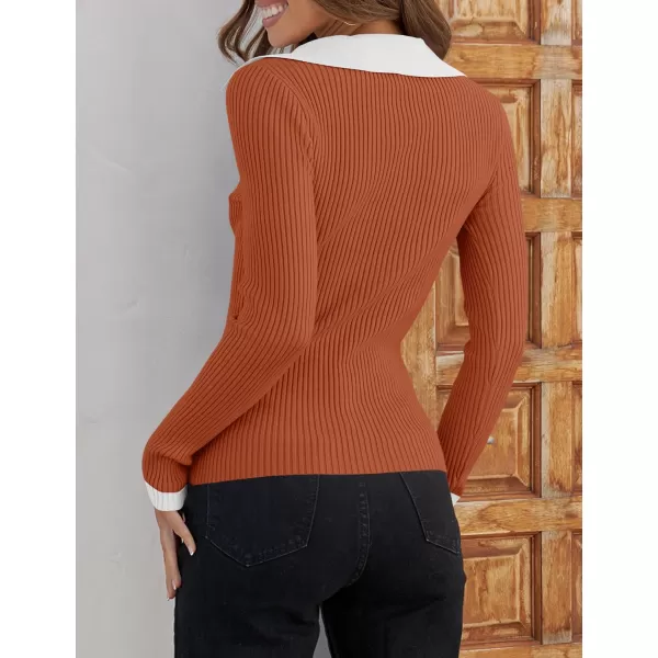 imageZESICA Womens 2023 Fall V Neck Shirts Long Sleeve Ribbed Knit Sweater Lapel Slim Fitted Casual Basic Tee TopsOrange