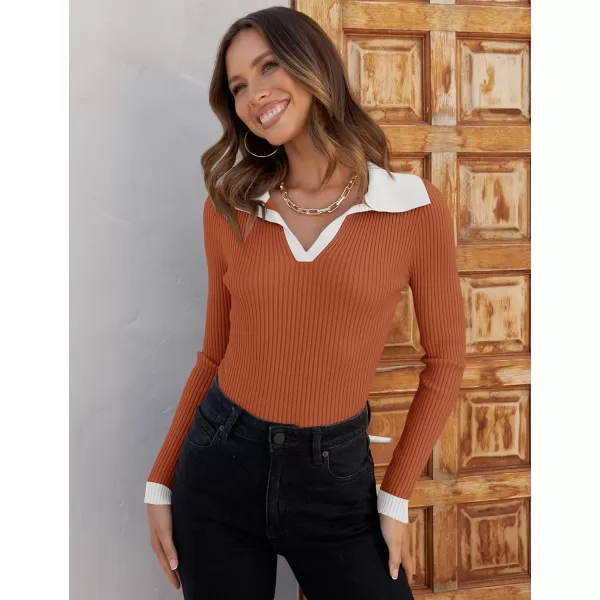 imageZESICA Womens 2023 Fall V Neck Shirts Long Sleeve Ribbed Knit Sweater Lapel Slim Fitted Casual Basic Tee TopsOrange