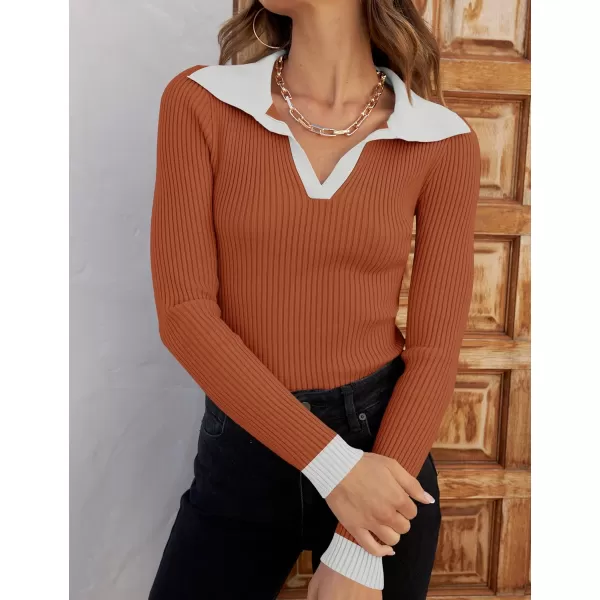 imageZESICA Womens 2023 Fall V Neck Shirts Long Sleeve Ribbed Knit Sweater Lapel Slim Fitted Casual Basic Tee TopsOrange