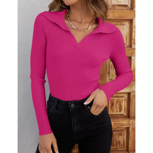 imageZESICA Womens 2023 Fall V Neck Shirts Long Sleeve Ribbed Knit Sweater Lapel Slim Fitted Casual Basic Tee TopsRose