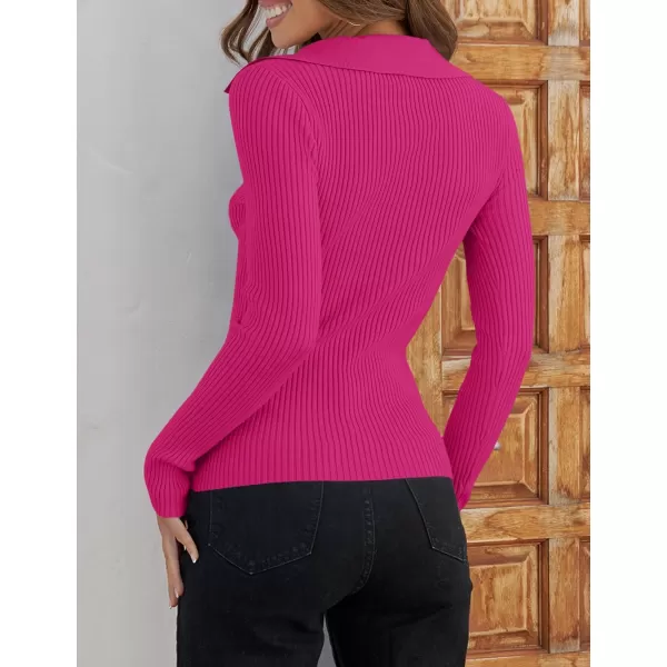 imageZESICA Womens 2023 Fall V Neck Shirts Long Sleeve Ribbed Knit Sweater Lapel Slim Fitted Casual Basic Tee TopsRose