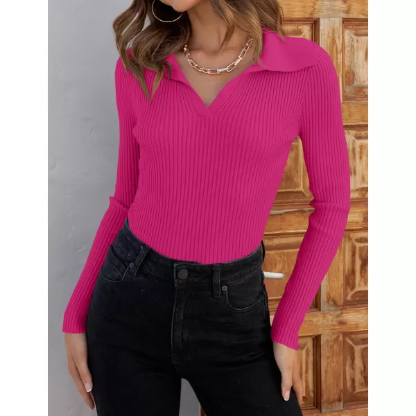 imageZESICA Womens 2023 Fall V Neck Shirts Long Sleeve Ribbed Knit Sweater Lapel Slim Fitted Casual Basic Tee TopsRose