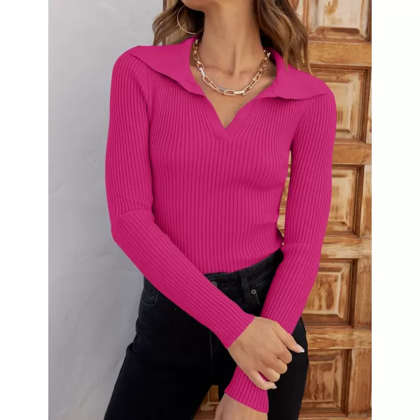 imageZESICA Womens 2023 Fall V Neck Shirts Long Sleeve Ribbed Knit Sweater Lapel Slim Fitted Casual Basic Tee TopsRose