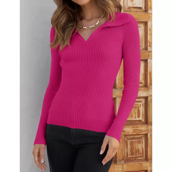 imageZESICA Womens 2023 Fall V Neck Shirts Long Sleeve Ribbed Knit Sweater Lapel Slim Fitted Casual Basic Tee TopsRose