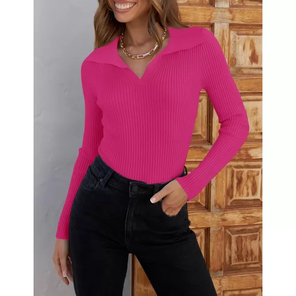 imageZESICA Womens 2023 Fall V Neck Shirts Long Sleeve Ribbed Knit Sweater Lapel Slim Fitted Casual Basic Tee TopsRose