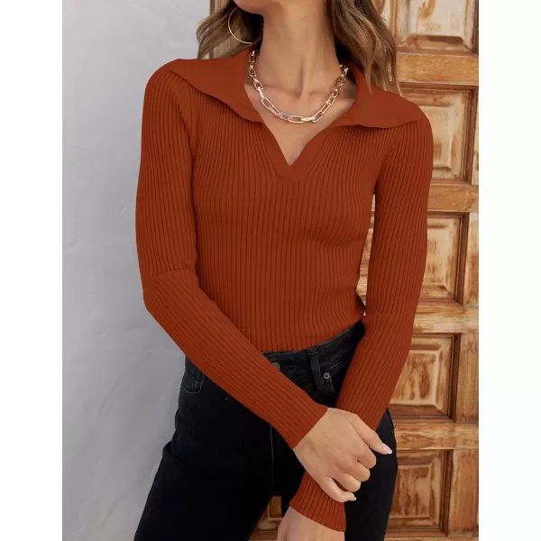 imageZESICA Womens 2023 Fall V Neck Shirts Long Sleeve Ribbed Knit Sweater Lapel Slim Fitted Casual Basic Tee TopsRust