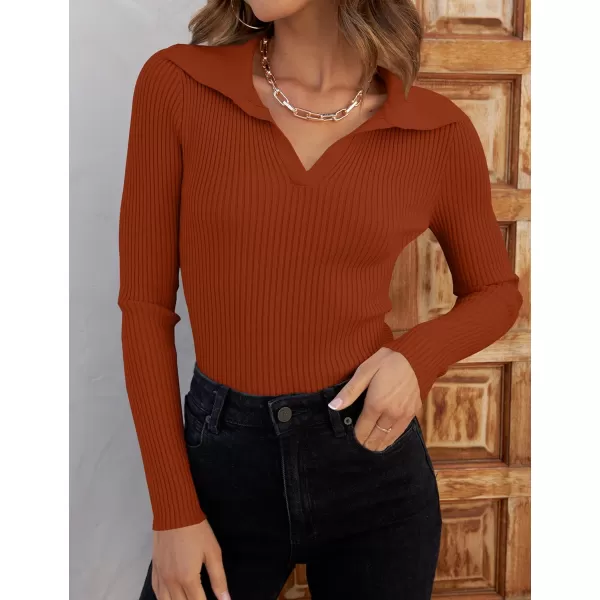 imageZESICA Womens 2023 Fall V Neck Shirts Long Sleeve Ribbed Knit Sweater Lapel Slim Fitted Casual Basic Tee TopsRust