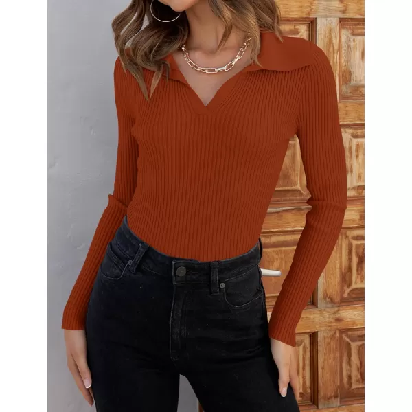 imageZESICA Womens 2023 Fall V Neck Shirts Long Sleeve Ribbed Knit Sweater Lapel Slim Fitted Casual Basic Tee TopsRust