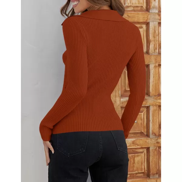 imageZESICA Womens 2023 Fall V Neck Shirts Long Sleeve Ribbed Knit Sweater Lapel Slim Fitted Casual Basic Tee TopsRust
