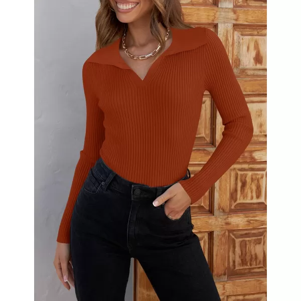 imageZESICA Womens 2023 Fall V Neck Shirts Long Sleeve Ribbed Knit Sweater Lapel Slim Fitted Casual Basic Tee TopsRust