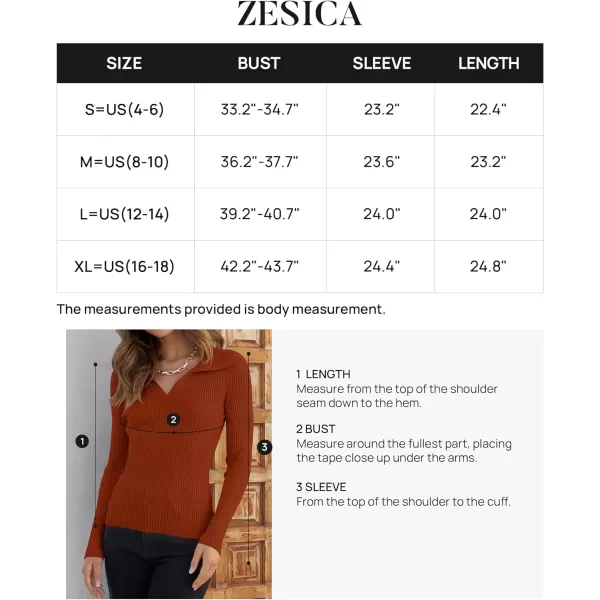 imageZESICA Womens 2023 Fall V Neck Shirts Long Sleeve Ribbed Knit Sweater Lapel Slim Fitted Casual Basic Tee TopsRust