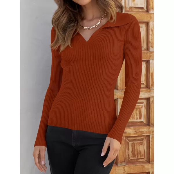 imageZESICA Womens 2023 Fall V Neck Shirts Long Sleeve Ribbed Knit Sweater Lapel Slim Fitted Casual Basic Tee TopsRust