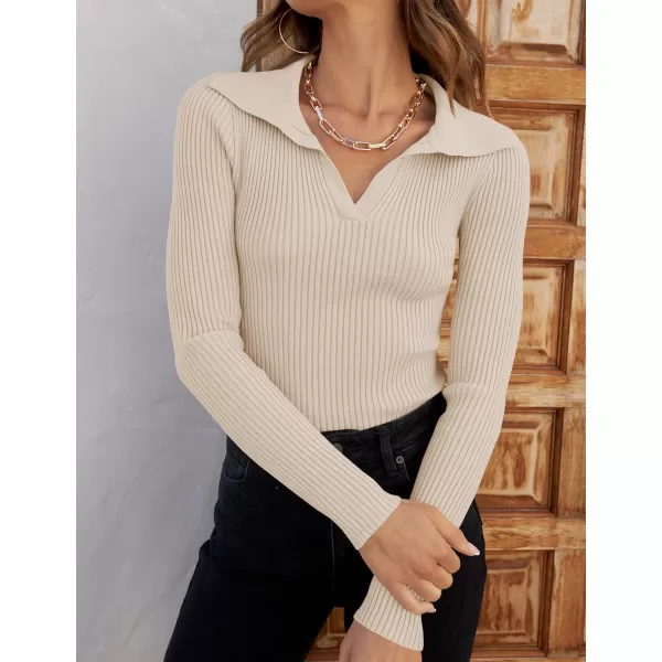 imageZESICA Womens 2023 Fall V Neck Shirts Long Sleeve Ribbed Knit Sweater Lapel Slim Fitted Casual Basic Tee TopsSand