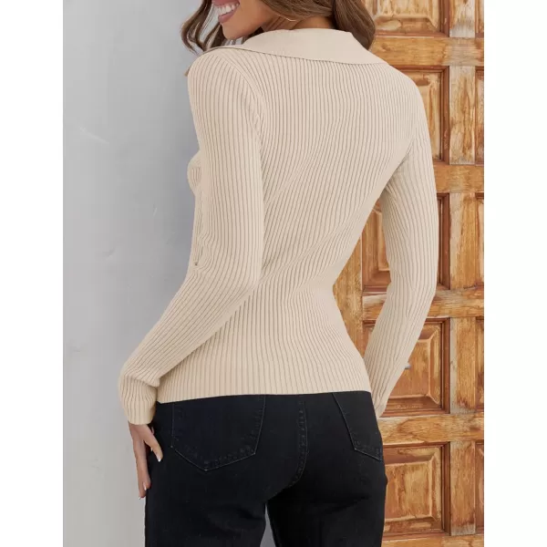 imageZESICA Womens 2023 Fall V Neck Shirts Long Sleeve Ribbed Knit Sweater Lapel Slim Fitted Casual Basic Tee TopsSand