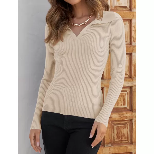 imageZESICA Womens 2023 Fall V Neck Shirts Long Sleeve Ribbed Knit Sweater Lapel Slim Fitted Casual Basic Tee TopsSand