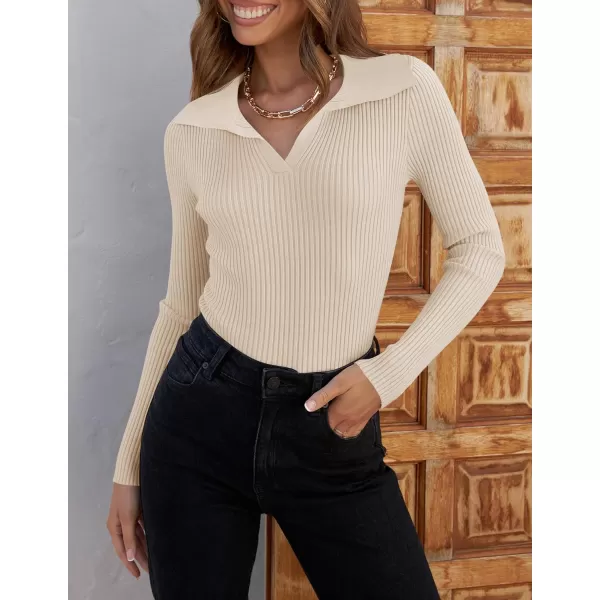 imageZESICA Womens 2023 Fall V Neck Shirts Long Sleeve Ribbed Knit Sweater Lapel Slim Fitted Casual Basic Tee TopsSand