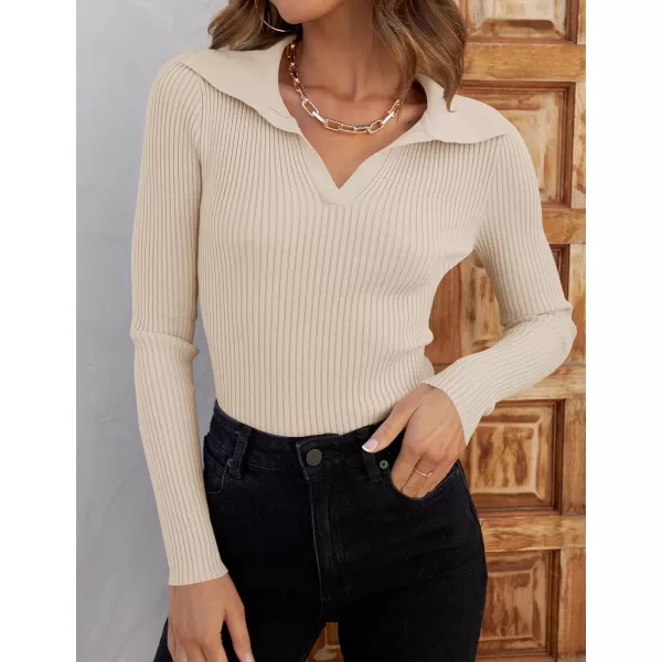 imageZESICA Womens 2023 Fall V Neck Shirts Long Sleeve Ribbed Knit Sweater Lapel Slim Fitted Casual Basic Tee TopsSand