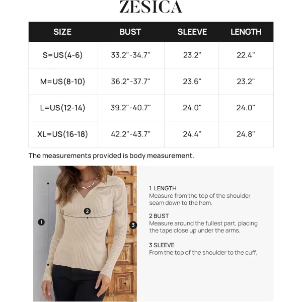 imageZESICA Womens 2023 Fall V Neck Shirts Long Sleeve Ribbed Knit Sweater Lapel Slim Fitted Casual Basic Tee TopsSand