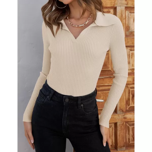 imageZESICA Womens 2023 Fall V Neck Shirts Long Sleeve Ribbed Knit Sweater Lapel Slim Fitted Casual Basic Tee TopsSand