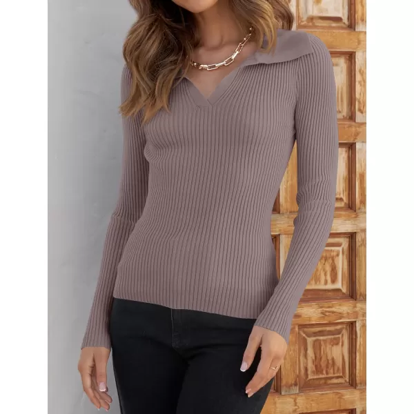 imageZESICA Womens 2023 Fall V Neck Shirts Long Sleeve Ribbed Knit Sweater Lapel Slim Fitted Casual Basic Tee TopsTaro