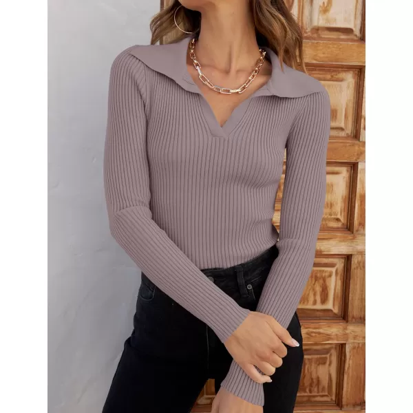 imageZESICA Womens 2023 Fall V Neck Shirts Long Sleeve Ribbed Knit Sweater Lapel Slim Fitted Casual Basic Tee TopsTaro
