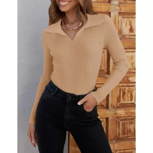 imageZESICA Womens 2023 Fall V Neck Shirts Long Sleeve Ribbed Knit Sweater Lapel Slim Fitted Casual Basic Tee TopsToffee