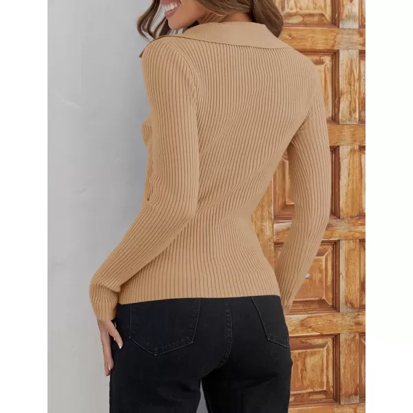 imageZESICA Womens 2023 Fall V Neck Shirts Long Sleeve Ribbed Knit Sweater Lapel Slim Fitted Casual Basic Tee TopsToffee