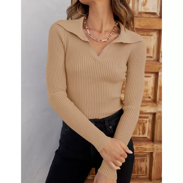 imageZESICA Womens 2023 Fall V Neck Shirts Long Sleeve Ribbed Knit Sweater Lapel Slim Fitted Casual Basic Tee TopsToffee
