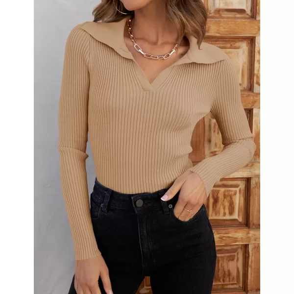 imageZESICA Womens 2023 Fall V Neck Shirts Long Sleeve Ribbed Knit Sweater Lapel Slim Fitted Casual Basic Tee TopsToffee