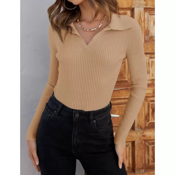 imageZESICA Womens 2023 Fall V Neck Shirts Long Sleeve Ribbed Knit Sweater Lapel Slim Fitted Casual Basic Tee TopsToffee
