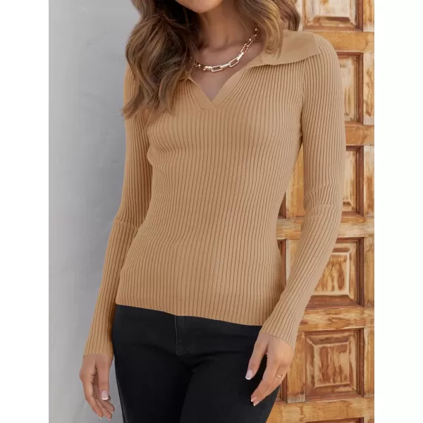 imageZESICA Womens 2023 Fall V Neck Shirts Long Sleeve Ribbed Knit Sweater Lapel Slim Fitted Casual Basic Tee TopsToffee