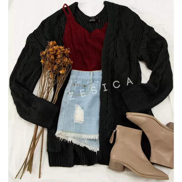 imageZESICA Womens 2023 Fall Winter Chunky Cable Knit Open Front Sweater Long Sleeve Casual Loose Cardigan Outerwear CoatsAllblack