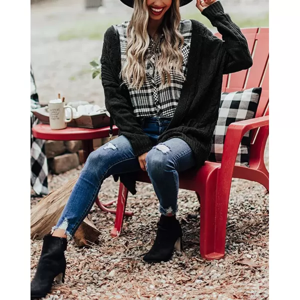 imageZESICA Womens 2023 Fall Winter Chunky Cable Knit Open Front Sweater Long Sleeve Casual Loose Cardigan Outerwear CoatsAllblack