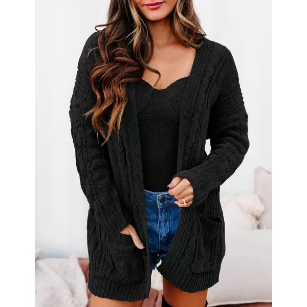 imageZESICA Womens 2023 Fall Winter Chunky Cable Knit Open Front Sweater Long Sleeve Casual Loose Cardigan Outerwear CoatsAllblack