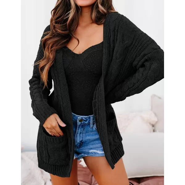 imageZESICA Womens 2023 Fall Winter Chunky Cable Knit Open Front Sweater Long Sleeve Casual Loose Cardigan Outerwear CoatsAllblack